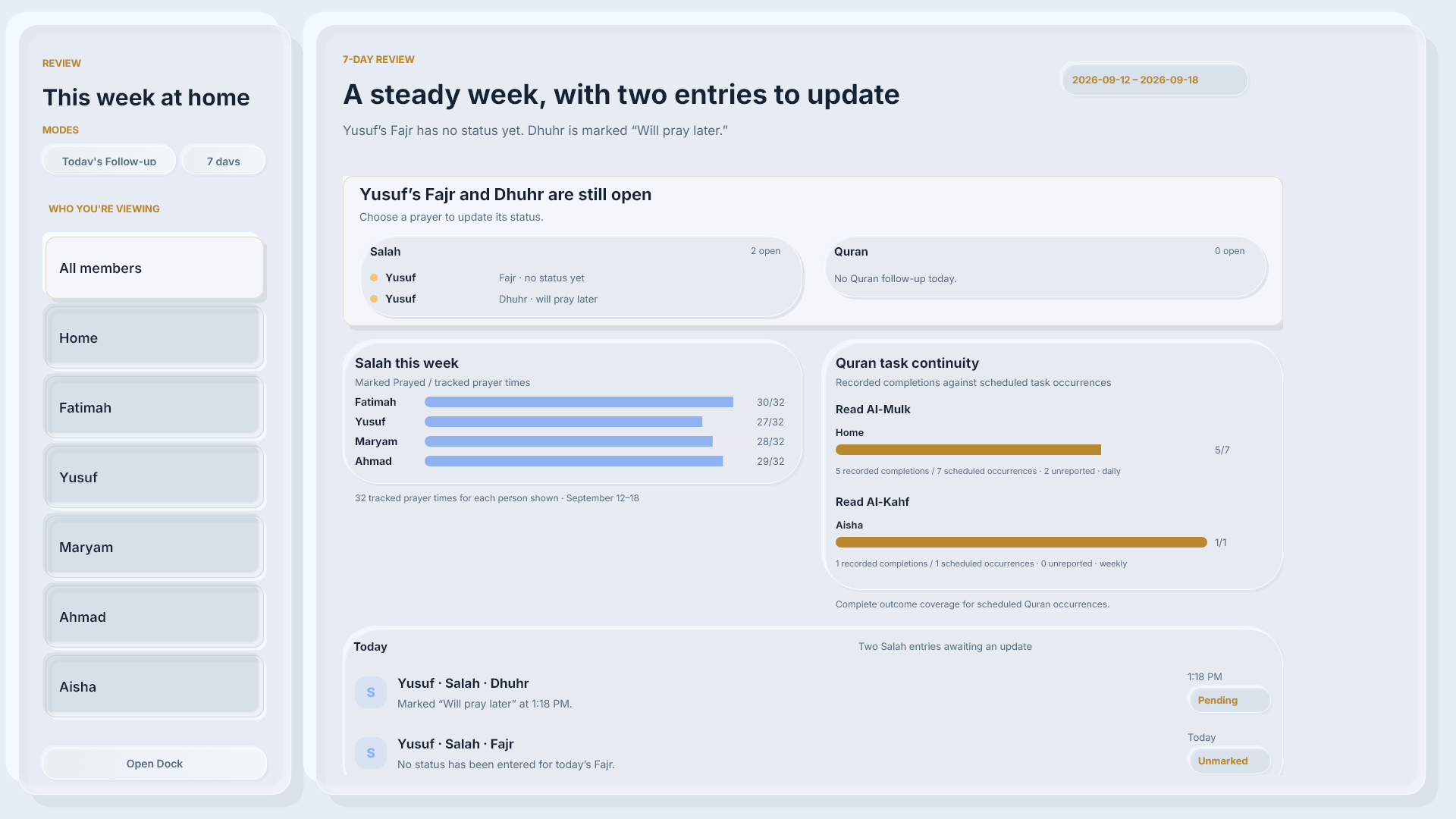 Close view of Quran task continuity in current Review UI with synthetic records
