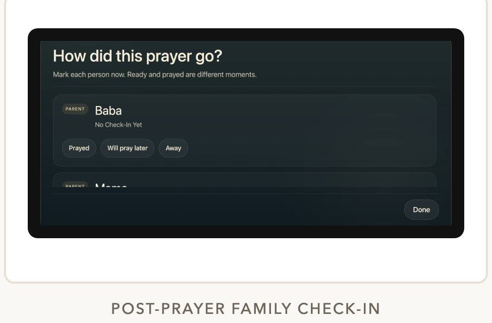 Post-prayer family check-in UI