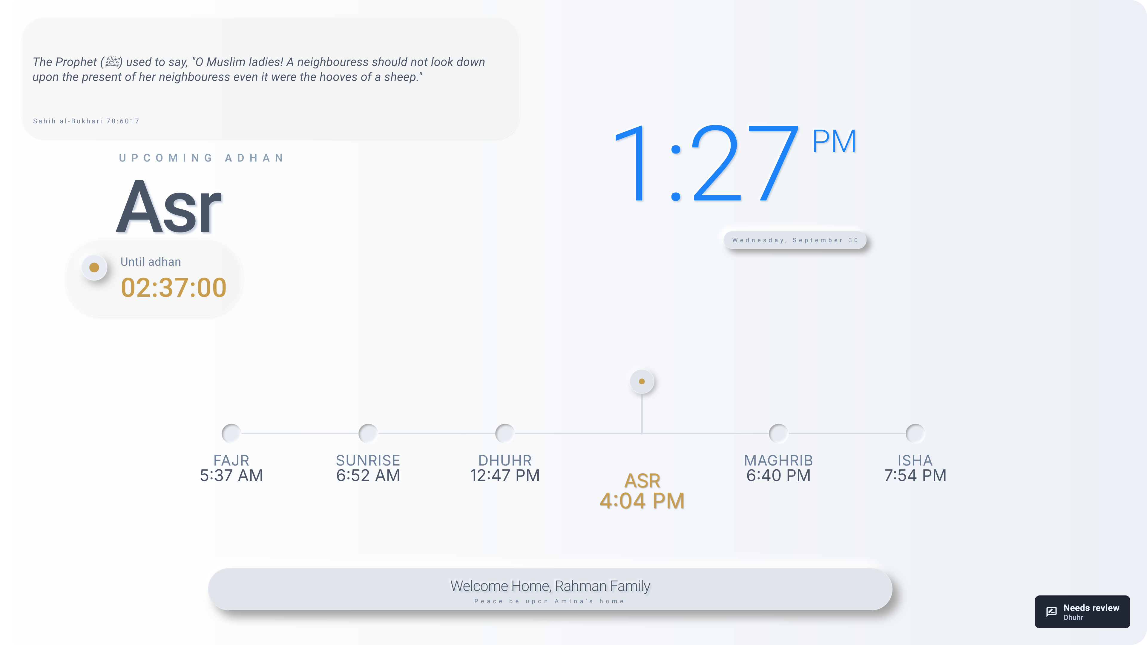 Tarbiyah Home prayer times and countdown